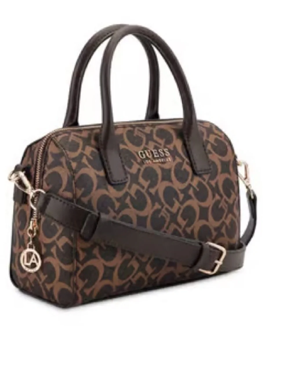 NWT GUESS Brown Logo-Print Satchel with Dark Brown Trim